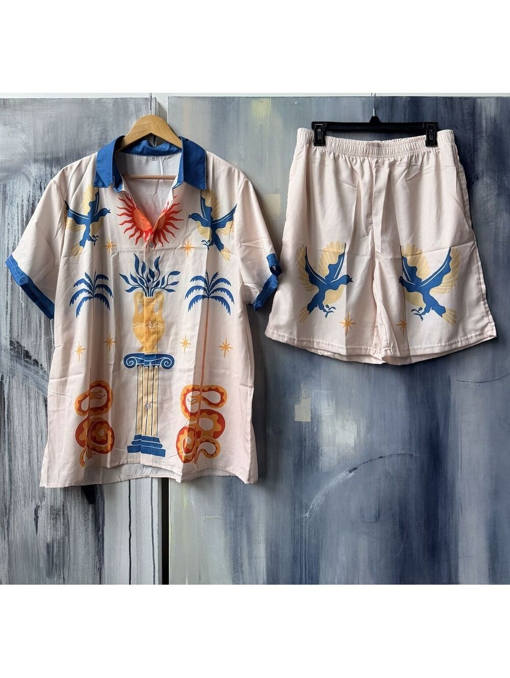 Mediterranean Print Matching Shirt & Shorts Set XL Unisex Resort Wear